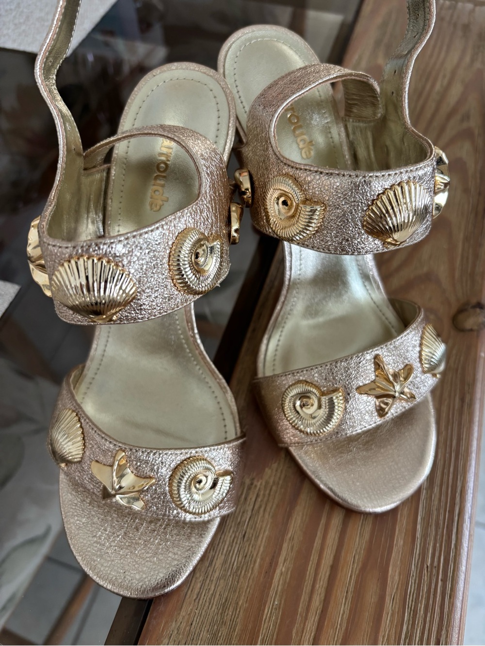 Larroude Metallic Gold Shell-Embellished Heeled Sandals